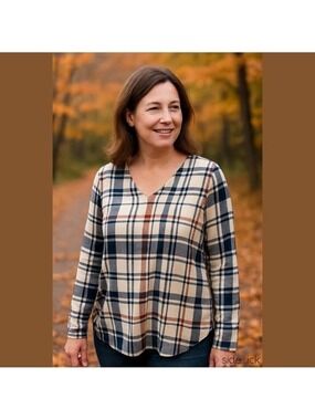 Youtalia Plaid V Neck Long Sleeve Shirt Medium